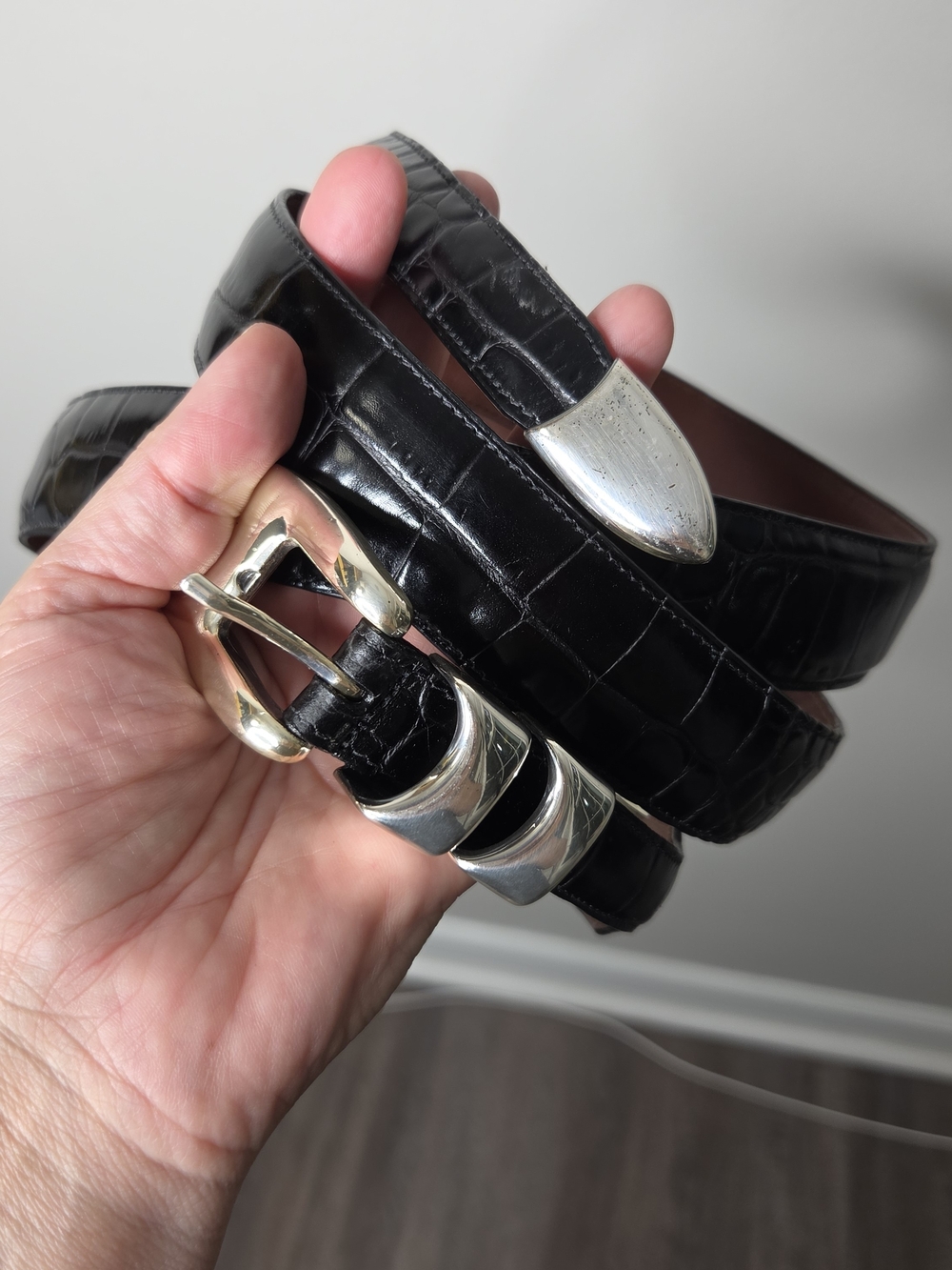 Crook Horn Black Croc-Embossed Leather Men's Belt with Silver Hardware